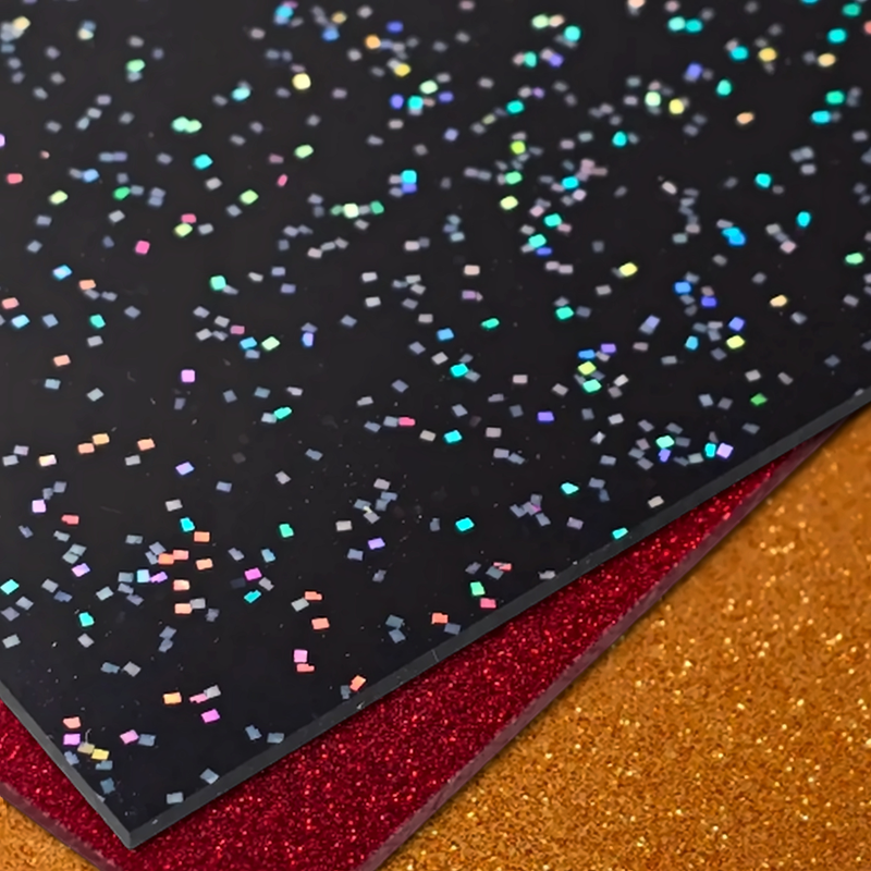 Diode Friendly Glitter Acrylic — stacked black holographic confetti, red glitter, and gold glitter sheets