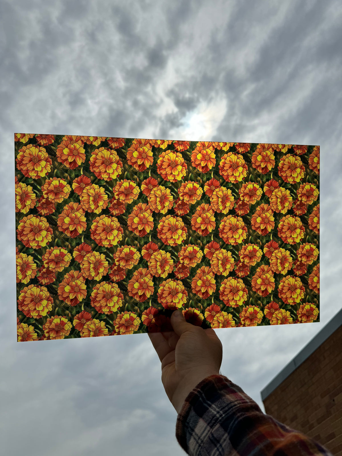 PatternPly® Transparent Stained Glass Marigolds sheet showing the pattern