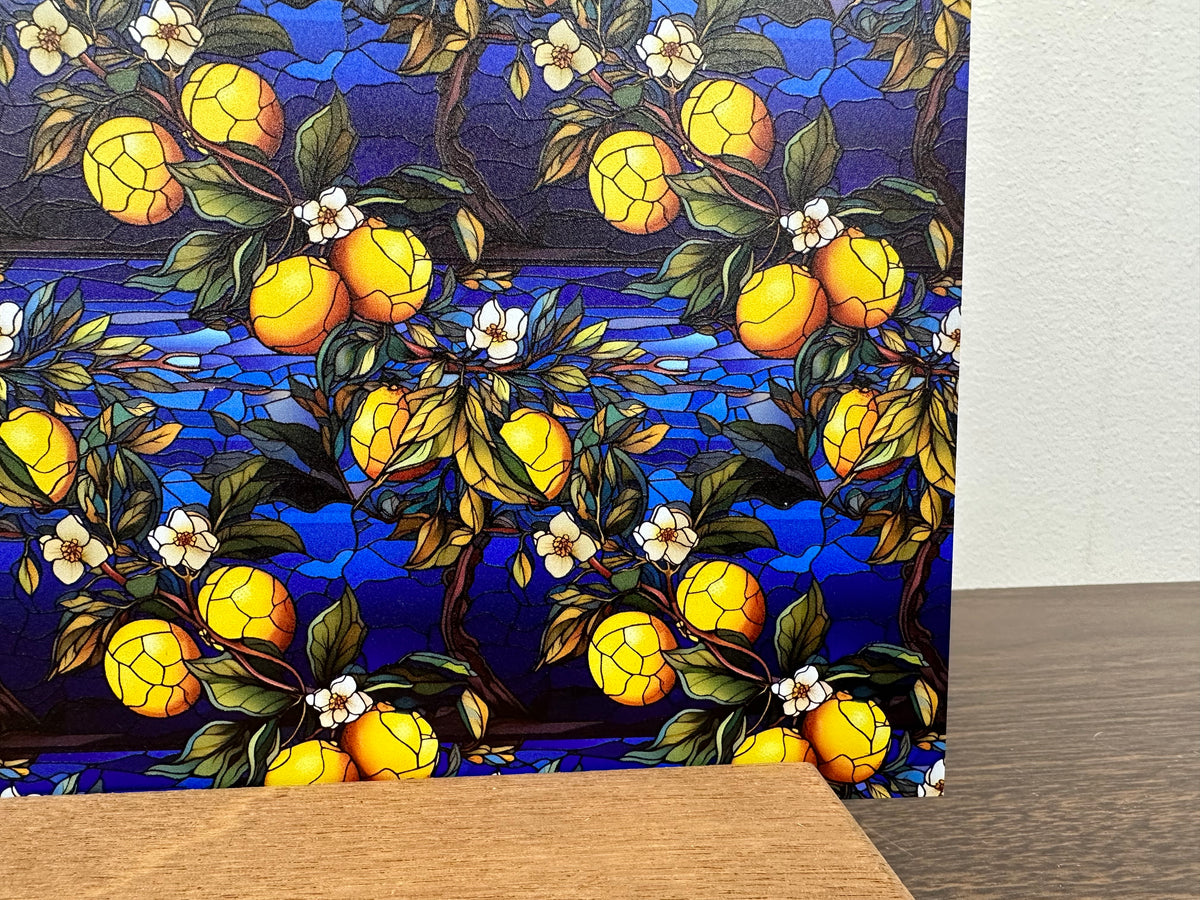 PatternPly® Full Coverage Stained Glass Lemons and Flowers sheet showing the pattern