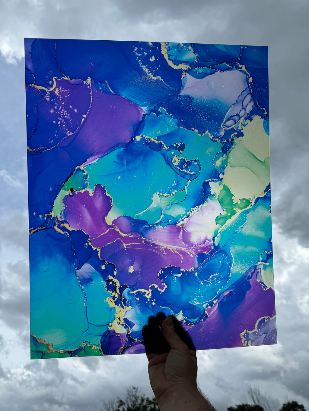 PatternPly® 19x24" Transparent Blue and Purple Paint Swirls XL Scale sheet showing the pattern
