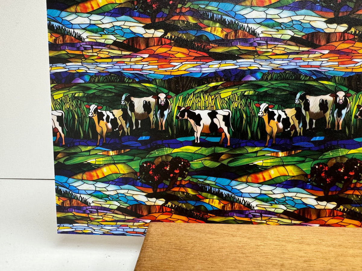PatternPly® Full Coverage Stained Glass Dairy Cows sheet showing the pattern