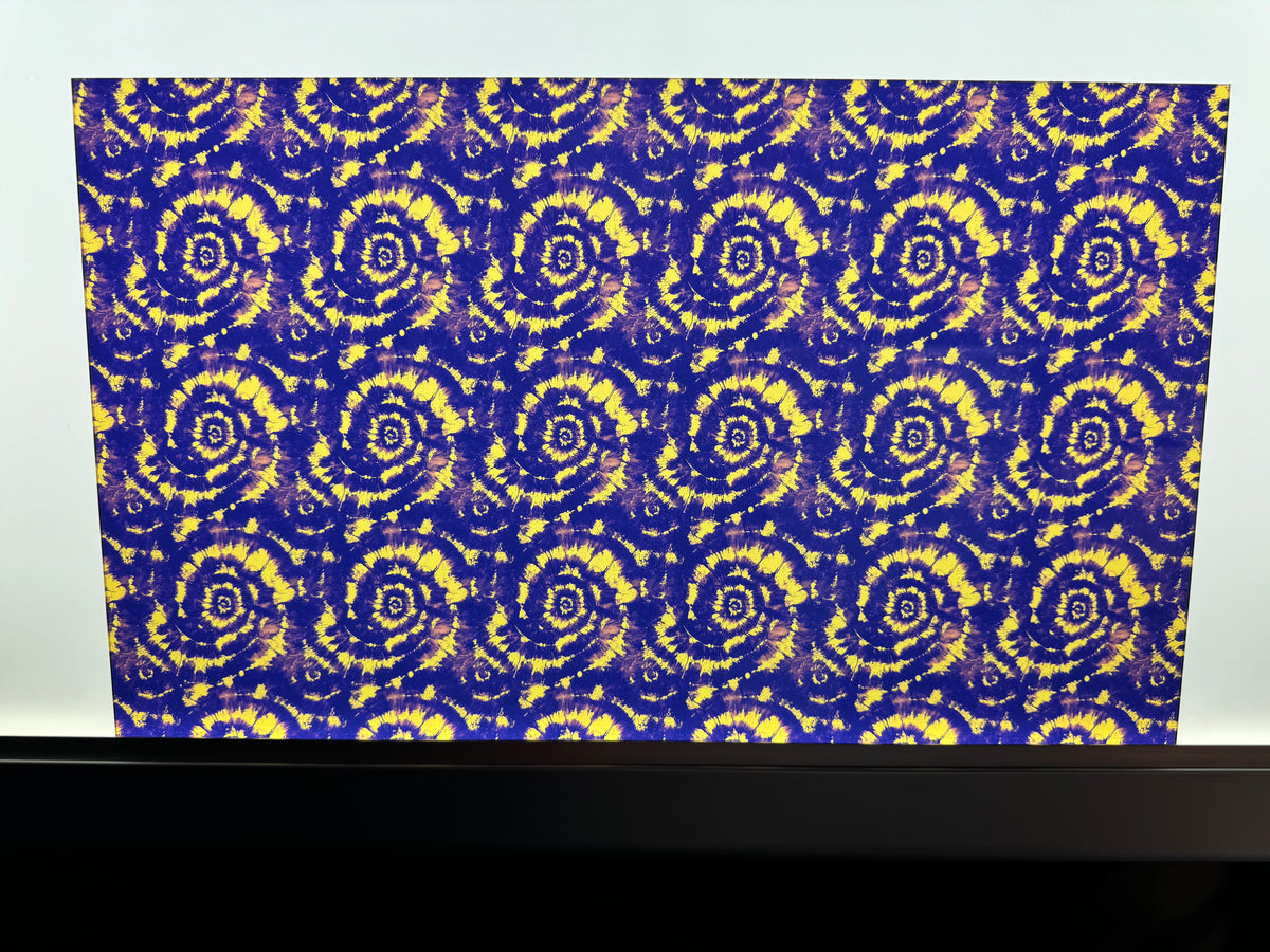 PatternPly® Transparent Blue and Gold Tie Dye sheet showing the pattern