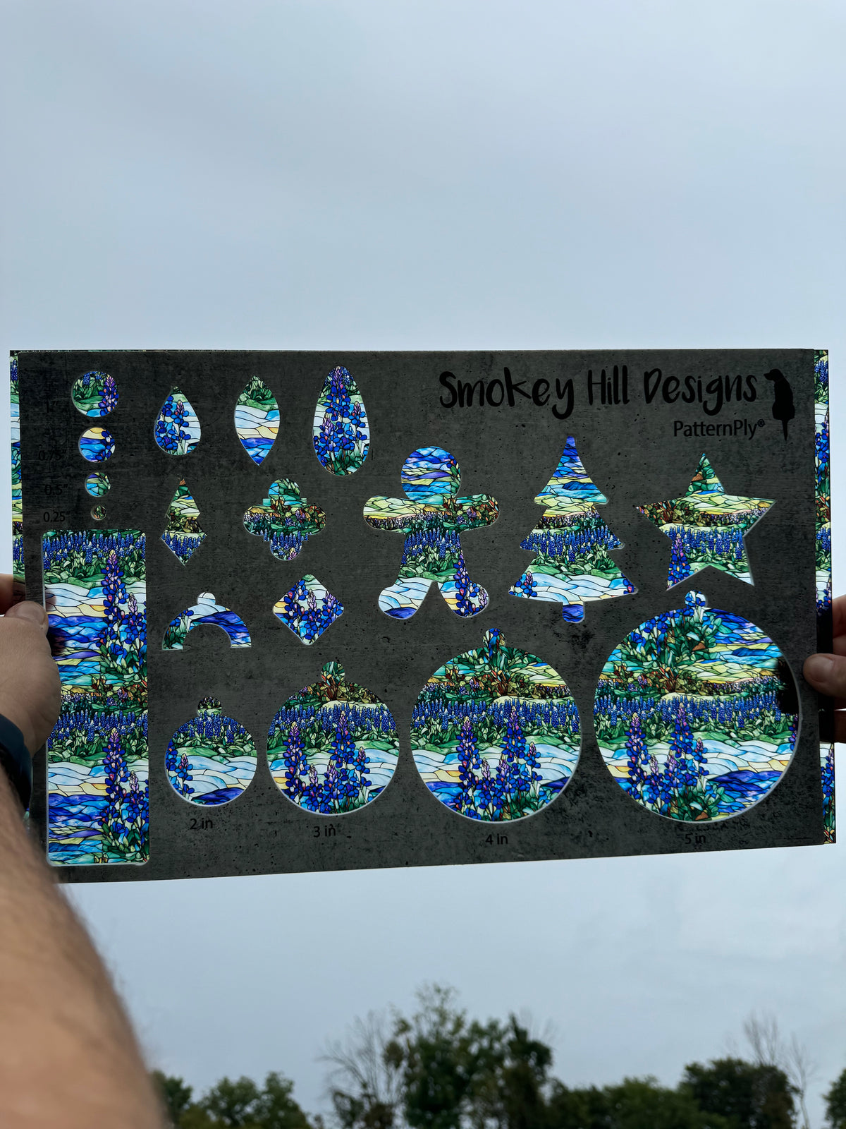 PatternPly® Transparent Stained Glass Bluebonnet Sky sheet showing the pattern