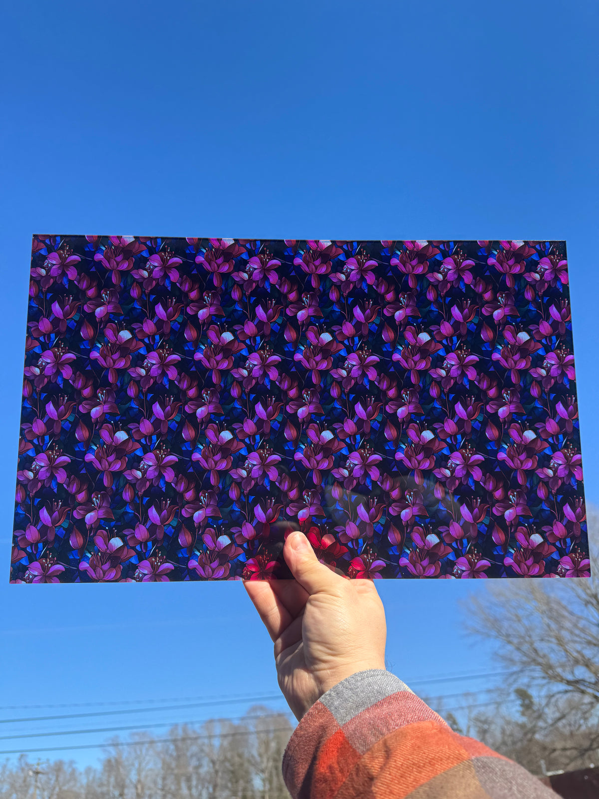 PatternPly® Transparent Stained Glass Fuchsia Flowers sheet showing the pattern