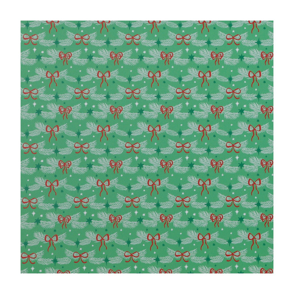 PatternPly® Full Coverage Red Bows on Pastel Green Pine sheet showing the pattern