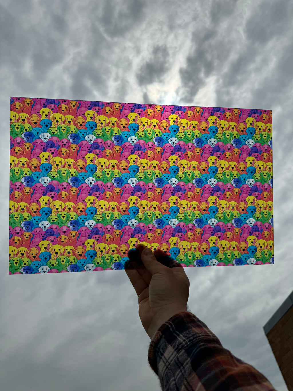 PatternPly® Transparent Rainbow Dogs LARGE sheet showing the pattern