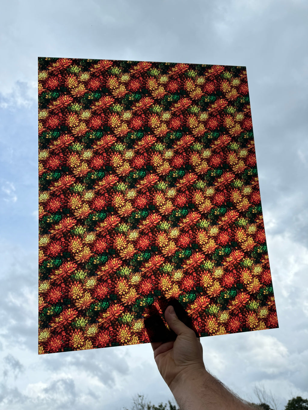PatternPly® 19x24" Transparent Fall Mums Stained Glass Original Scale sheet showing the pattern