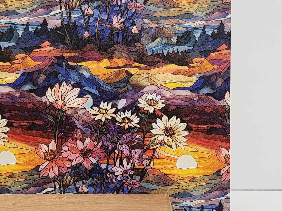 PatternPly® Full Coverage Floral Mountain Range Stained Glass sheet showing the pattern