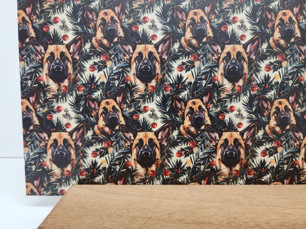 PatternPly® Full Coverage Christmas German Shepherds sheet showing the pattern