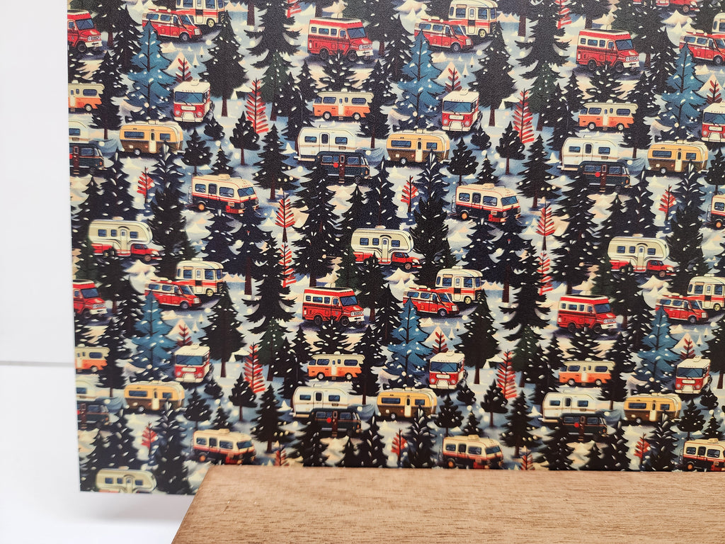 PatternPly® Full Coverage Christmas RVs and Campers sheet showing the pattern
