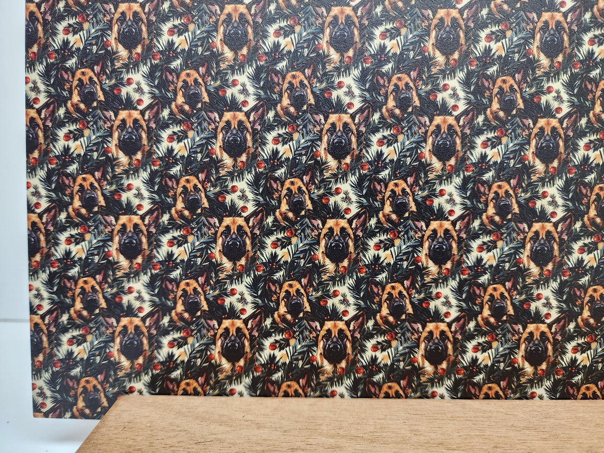 PatternPly® Full Coverage Micro Christmas German Shepherds sheet showing the pattern