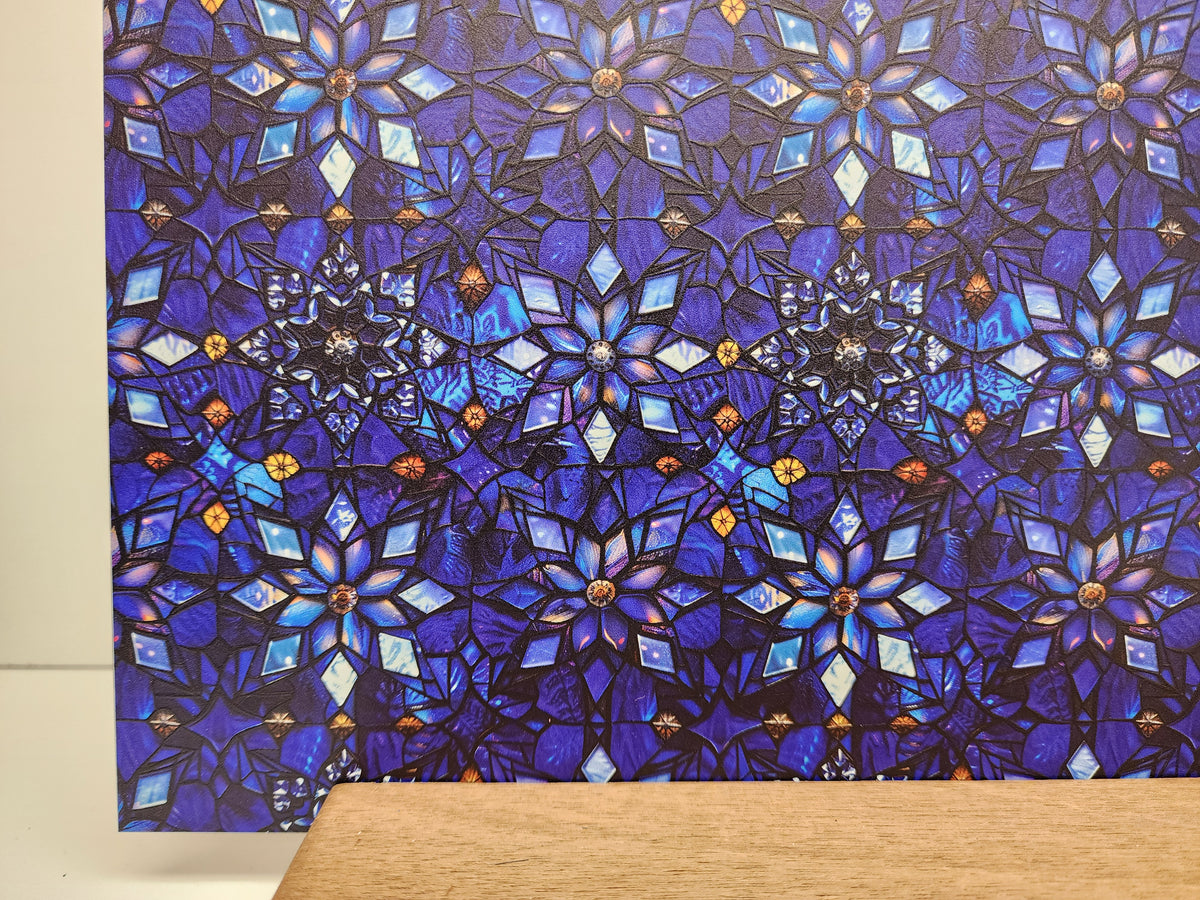 PatternPly® Full Coverage Stained Glass Geometric Snowflakes sheet showing the pattern