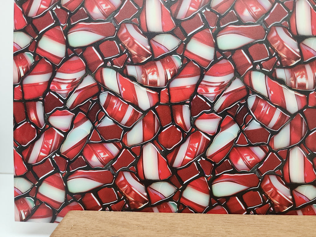 PatternPly® Full Coverage Stained Glass Red and White Candy Cane sheet showing the pattern