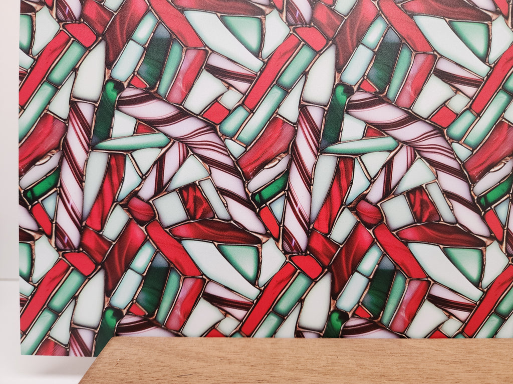 PatternPly® Full Coverage Stained Glass Red, White and Green Candy Cane sheet showing the pattern