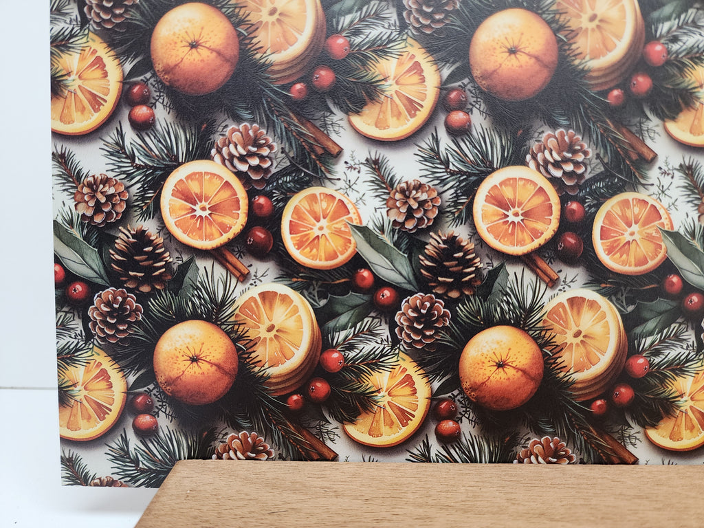 PatternPly® Full Coverage Christmas Oranges and Pinecones sheet showing the pattern