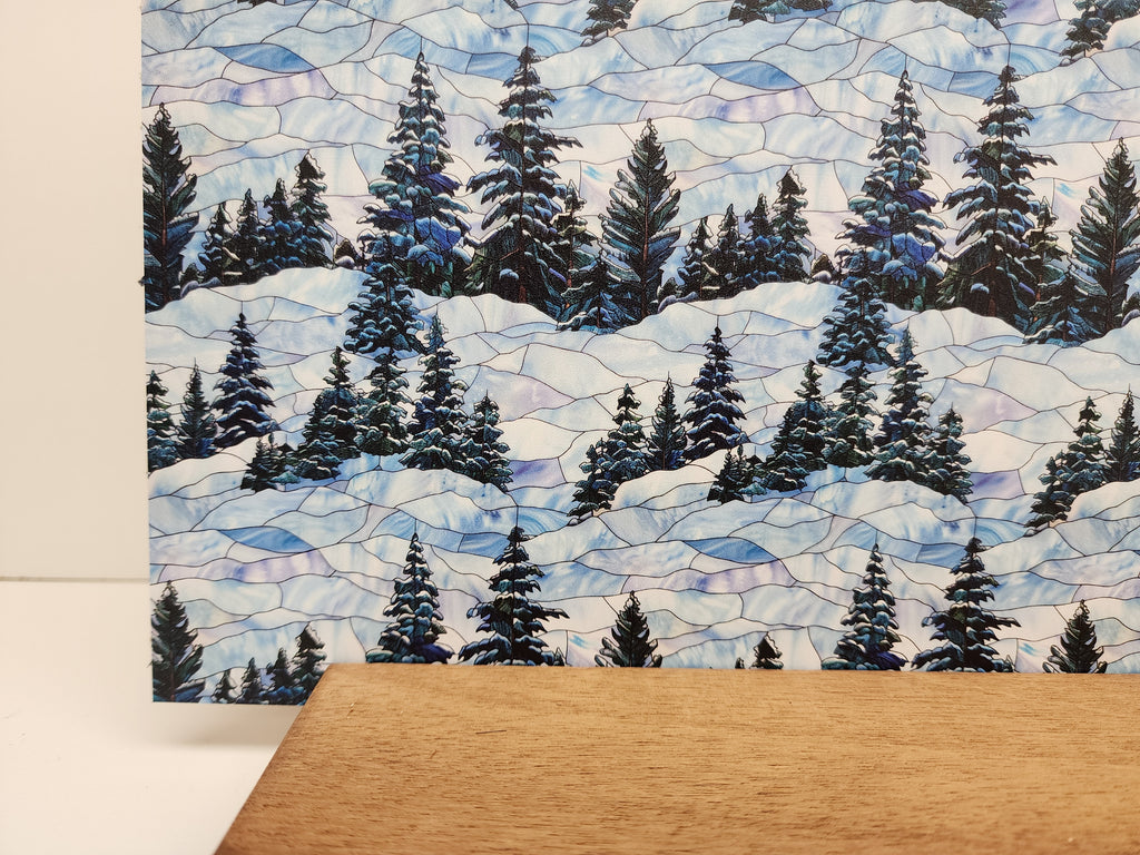 PatternPly® Full Coverage Stained Glass Snowy Hills sheet showing the pattern