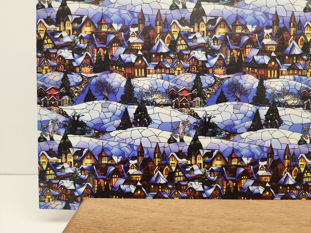 PatternPly® Full Coverage Stained Glass Winter Village sheet showing the pattern