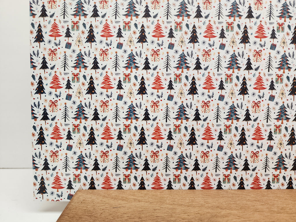 PatternPly® Full Coverage Trees and Presents sheet showing the pattern