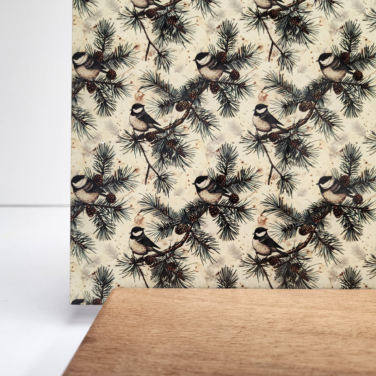 PatternPly® Full Coverage Pine Tree and Finches sheet showing the pattern