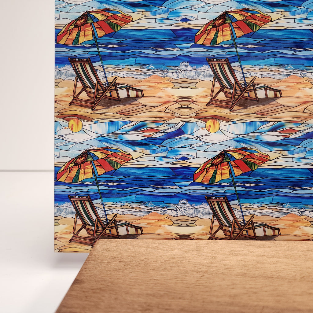 PatternPly® Full Coverage Stained Glass Beach Chair sheet showing the pattern