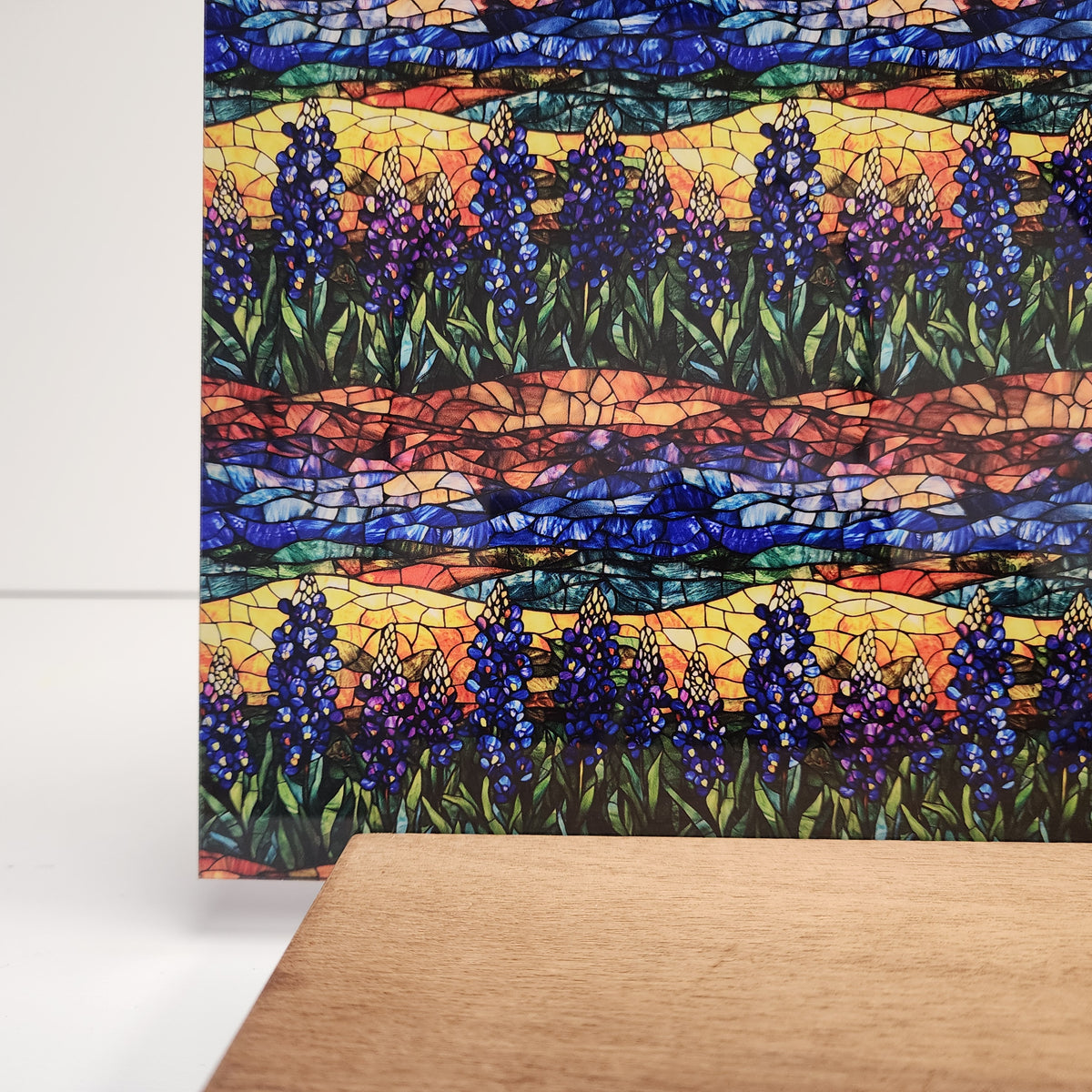 PatternPly® Full Coverage Stained Glass Bluebonnet Hills sheet showing the pattern
