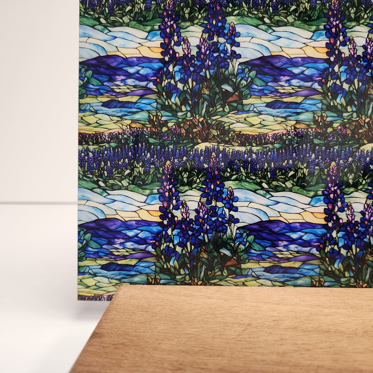 PatternPly® Full Coverage Stained Glass Bluebonnet Sky sheet showing the pattern