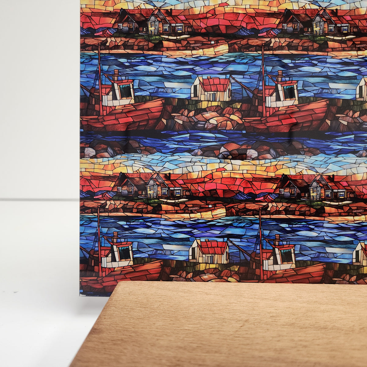 PatternPly® Full Coverage Stained Glass Lobster Boat sheet showing the pattern