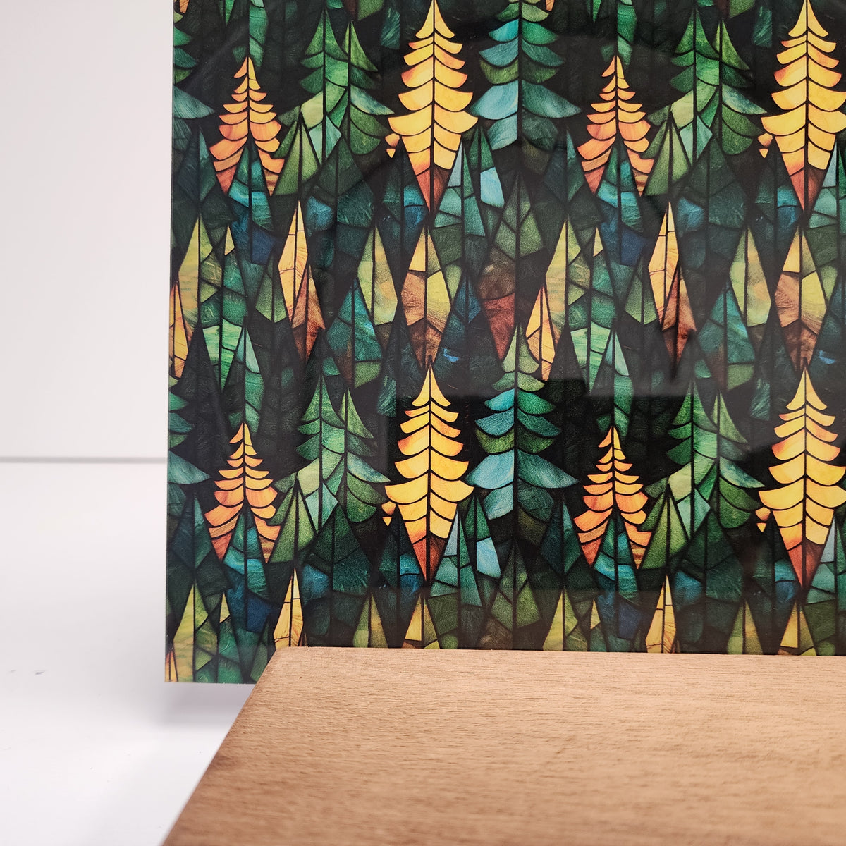 PatternPly® Full Coverage Stained Glass Geometric Forest sheet showing the pattern