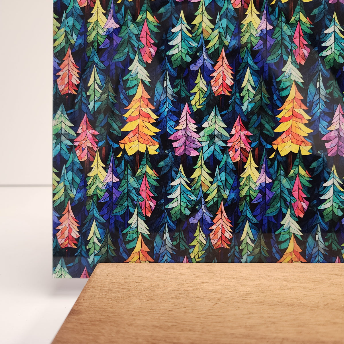 PatternPly® Full Coverage Stained Glass Colorful Forest sheet showing the pattern
