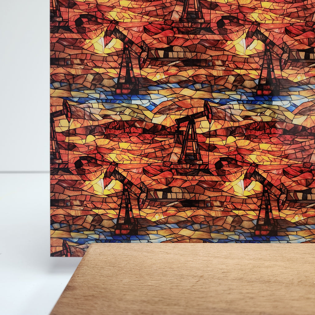 PatternPly® Full Coverage Stained Glass Pump Jacks sheet showing the pattern