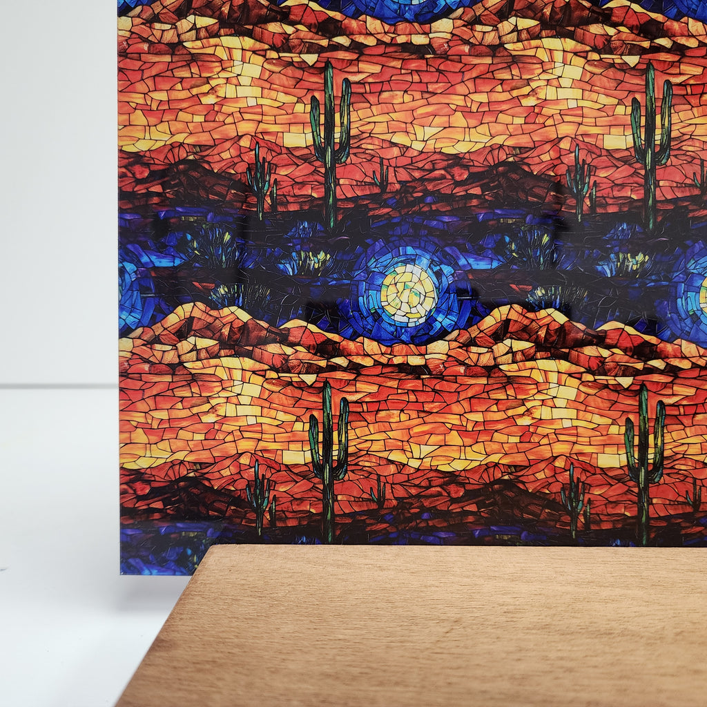 PatternPly® Full Coverage Stained Glass Desert Sunset sheet showing the pattern