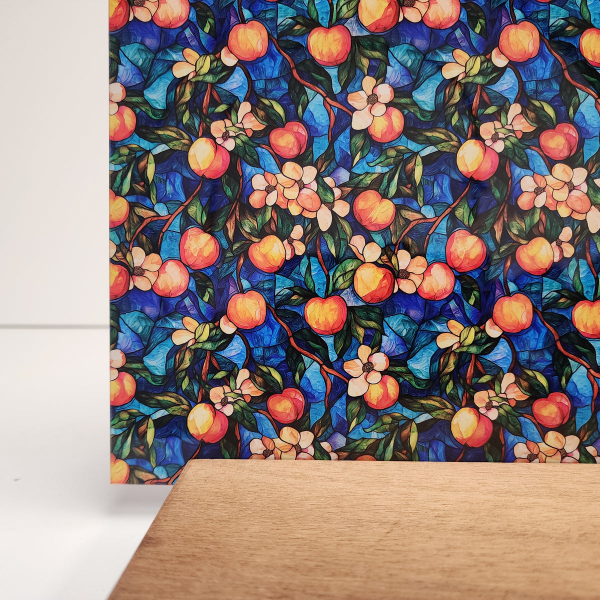 PatternPly® Full Coverage Stained Glass Peach Tree sheet showing the pattern