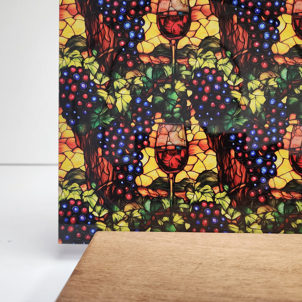 PatternPly® Full Coverage Stained Glass Wine Grapes sheet showing the pattern