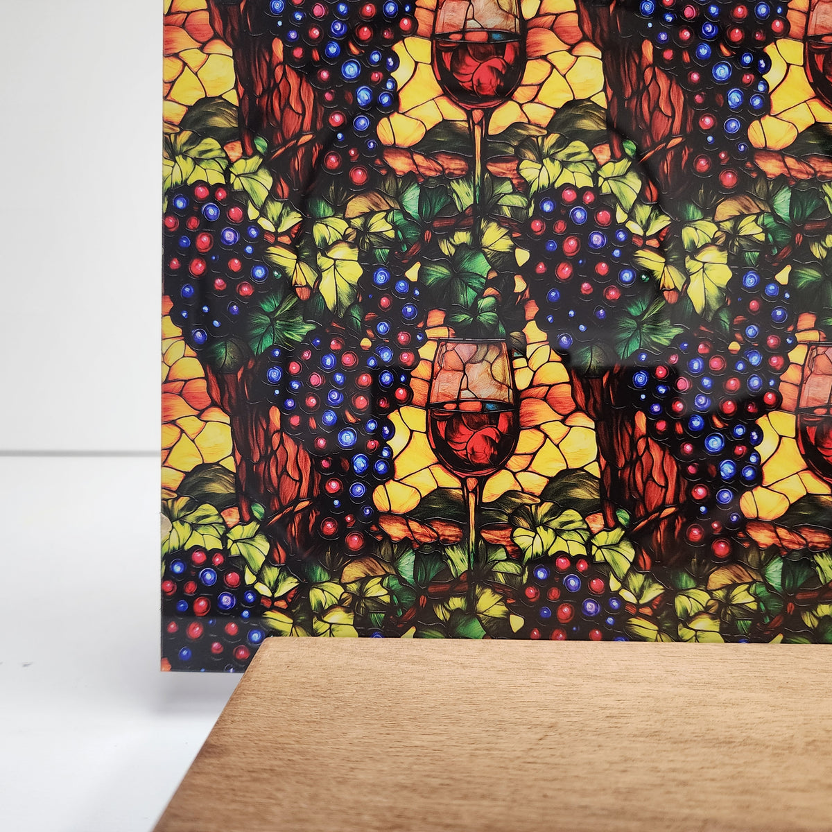 PatternPly® Full Coverage Stained Glass Wine Grapes sheet showing the pattern