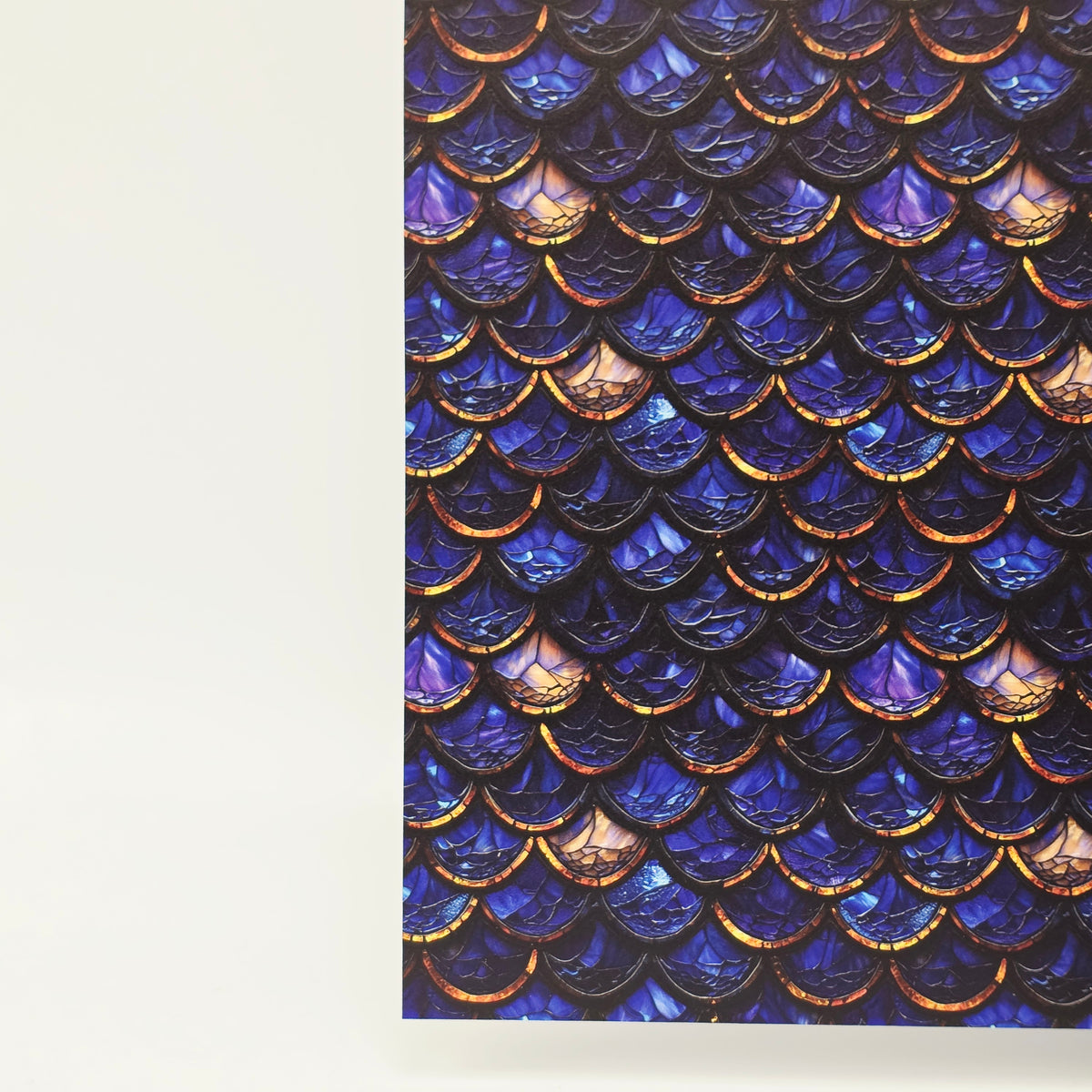 PatternPly® Full Coverage Stained Glass Blue and Gold Mermaid Scales sheet showing the pattern