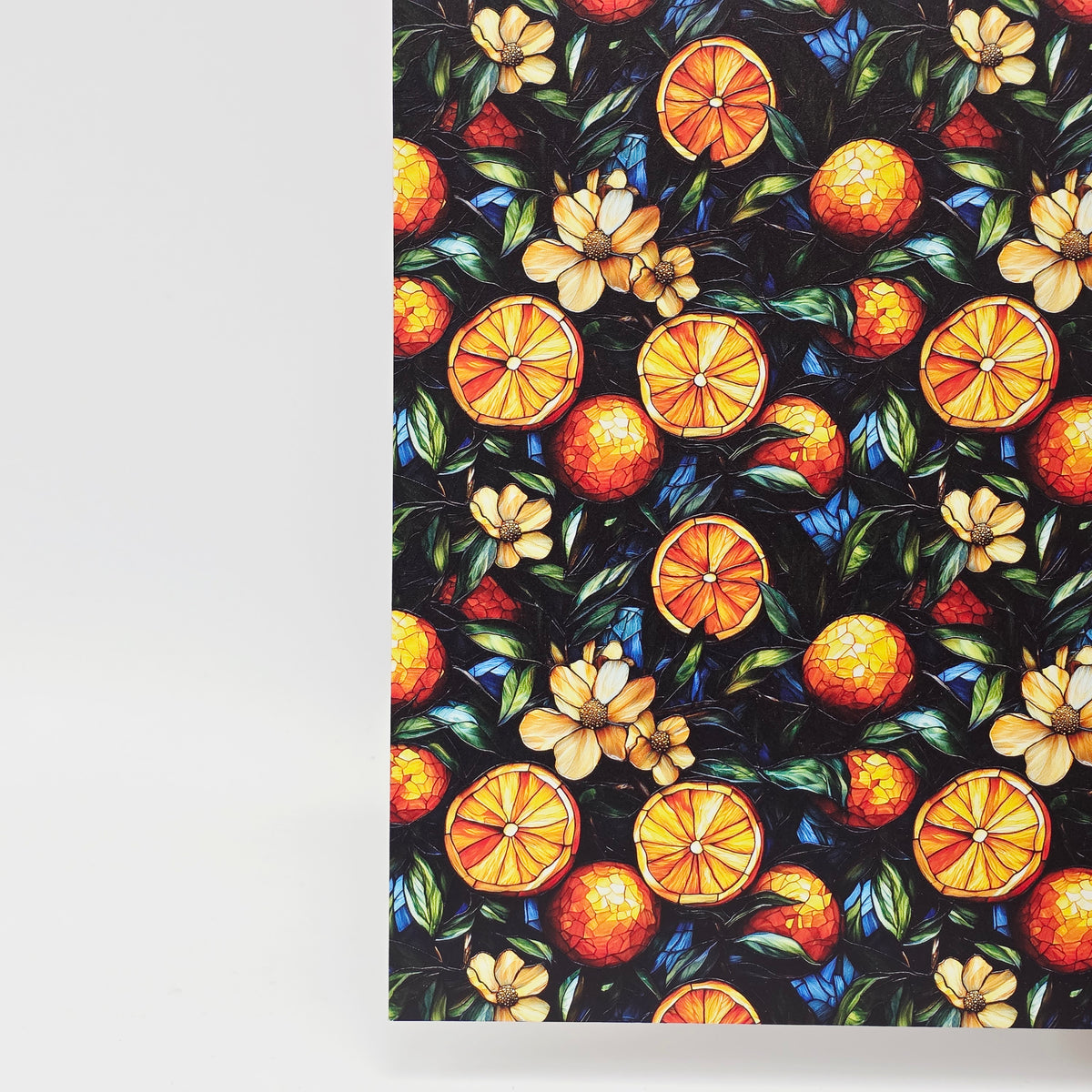 PatternPly® Full Coverage Stained Glass Oranges sheet showing the pattern