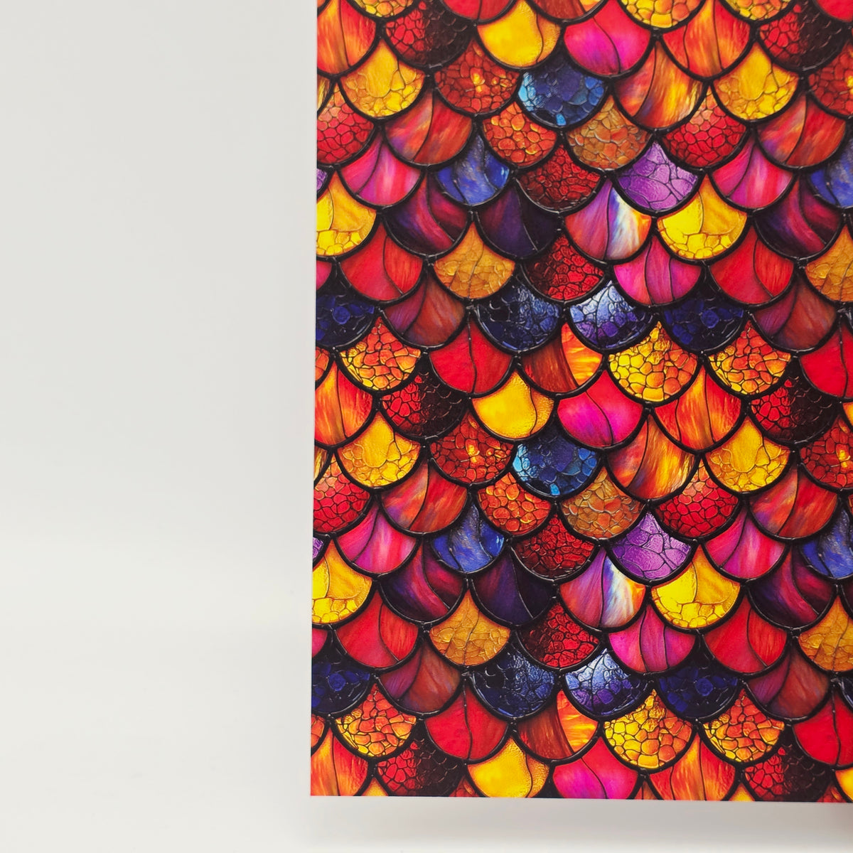 PatternPly® Full Coverage Stained Glass Sunset Mermaid Scales sheet showing the pattern