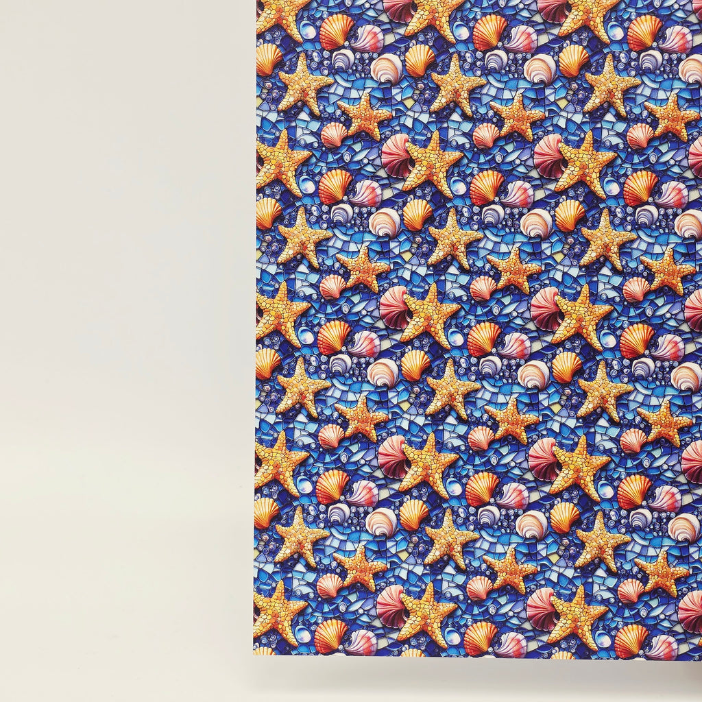 PatternPly® Full Coverage Mini Mosaic Starfish and Seashells sheet showing the pattern