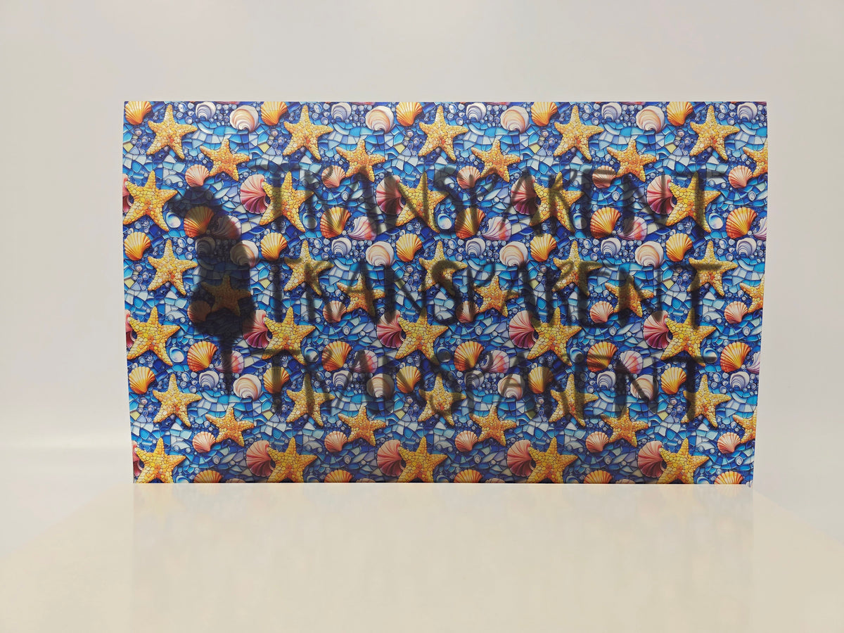 PatternPly® Transparent Mosaic Starfish And Seashells LARGE sheet showing the pattern