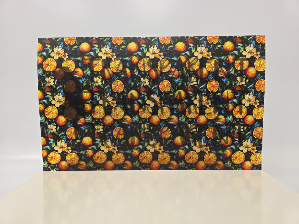 PatternPly® Transparent Stained Glass Oranges sheet showing the pattern