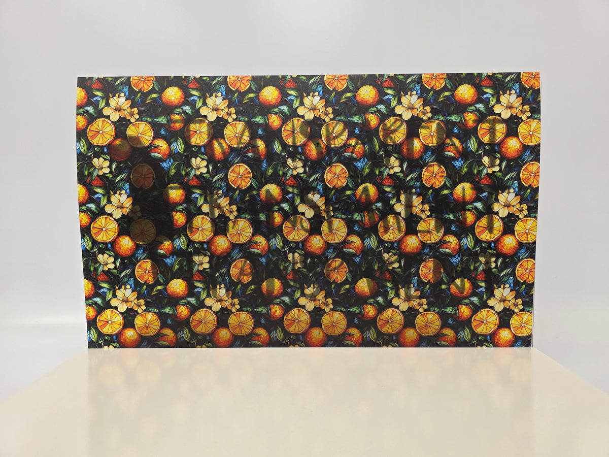 PatternPly® Transparent Stained Glass Oranges sheet showing the pattern