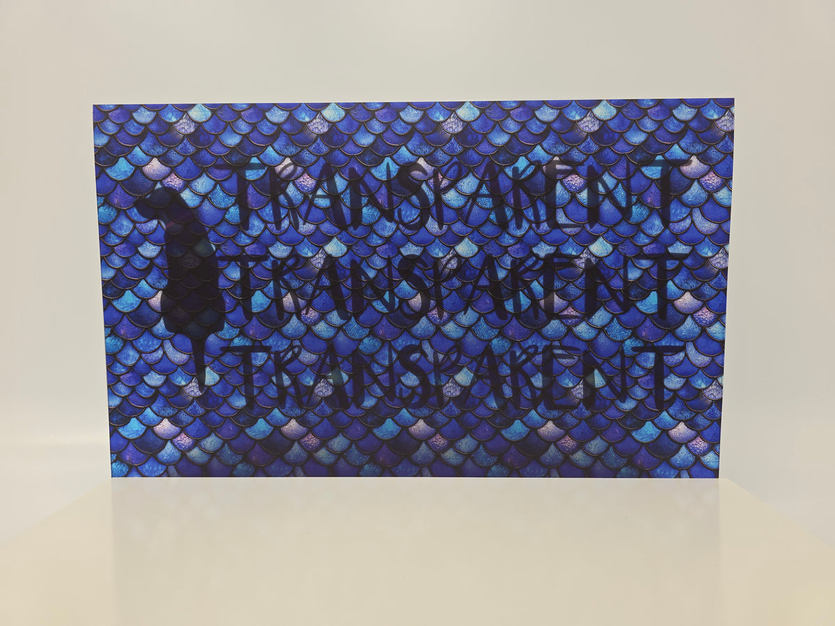 PatternPly® Transparent Stained Glass Blue Mermaid Scales sheet showing the pattern
