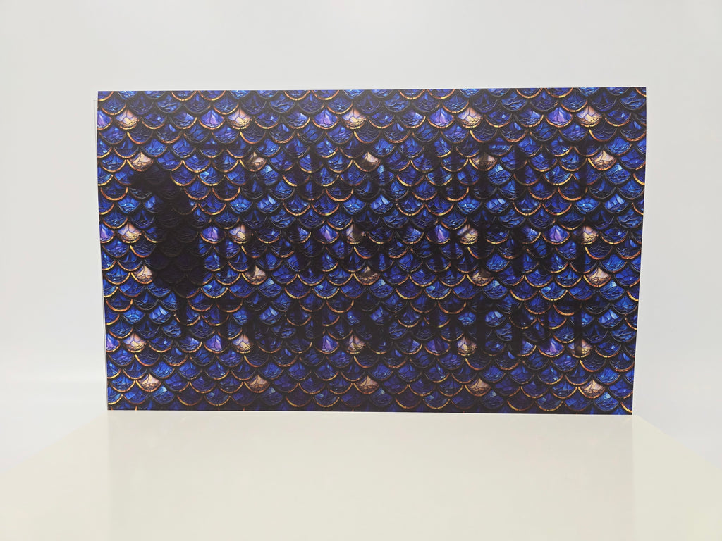 PatternPly® Transparent Stained Glass Blue And Gold Mermaid Scales sheet showing the pattern