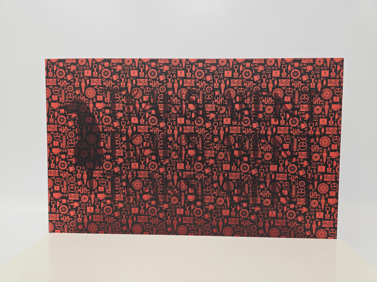 PatternPly® Transparent Red and Black Mechanic Parts sheet showing the pattern