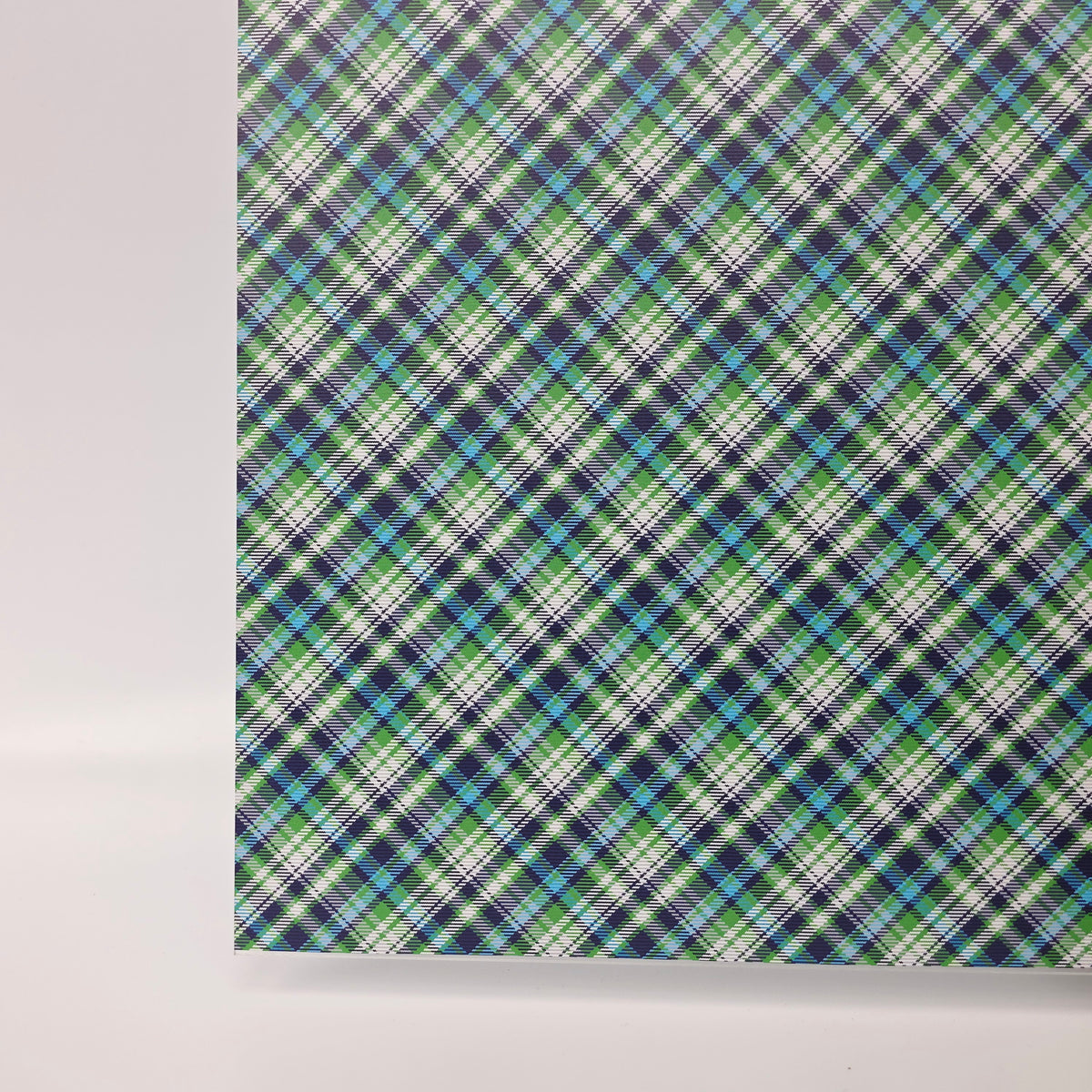 PatternPly® Full Coverage Diagonal Blue Green Plaid sheet showing the pattern