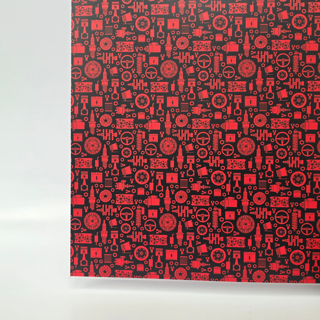 PatternPly® Full Coverage Red and Black Mechanic Parts sheet showing the pattern