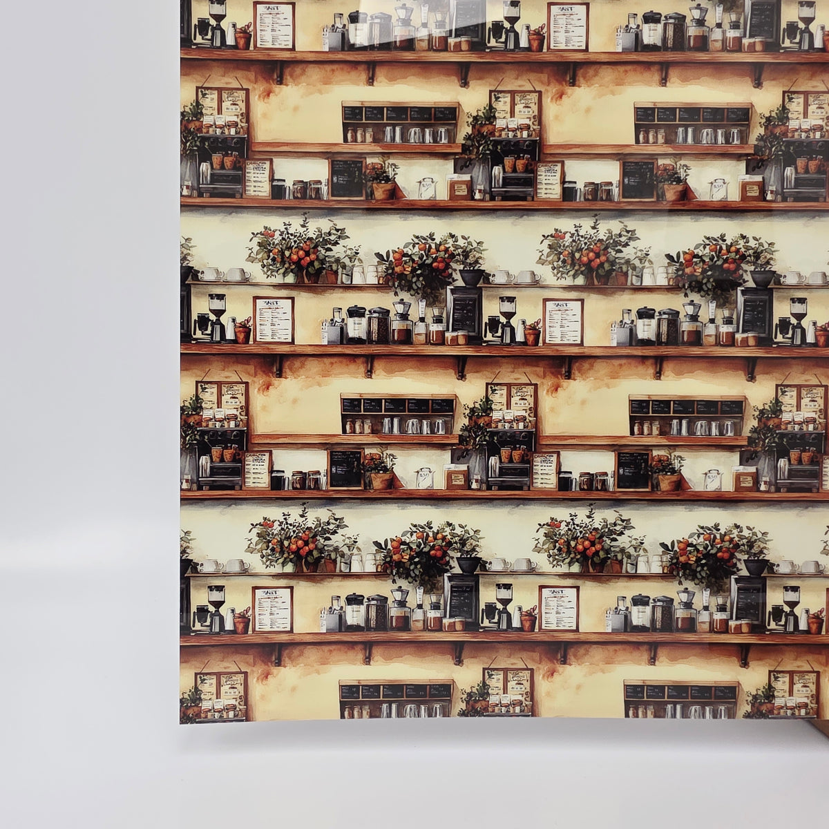 PatternPly® Full Coverage Coffeeshop Shelves sheet showing the pattern