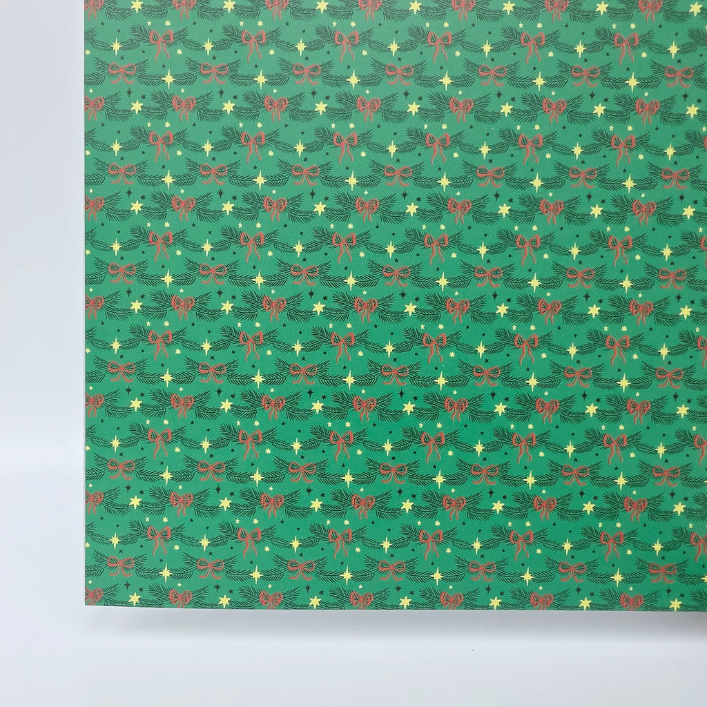 PatternPly® Full Coverage Red Bows and Pine on GREEN sheet showing the pattern
