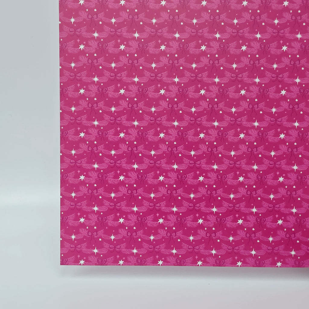 PatternPly® Full Coverage Pink Bows and Pine sheet showing the pattern