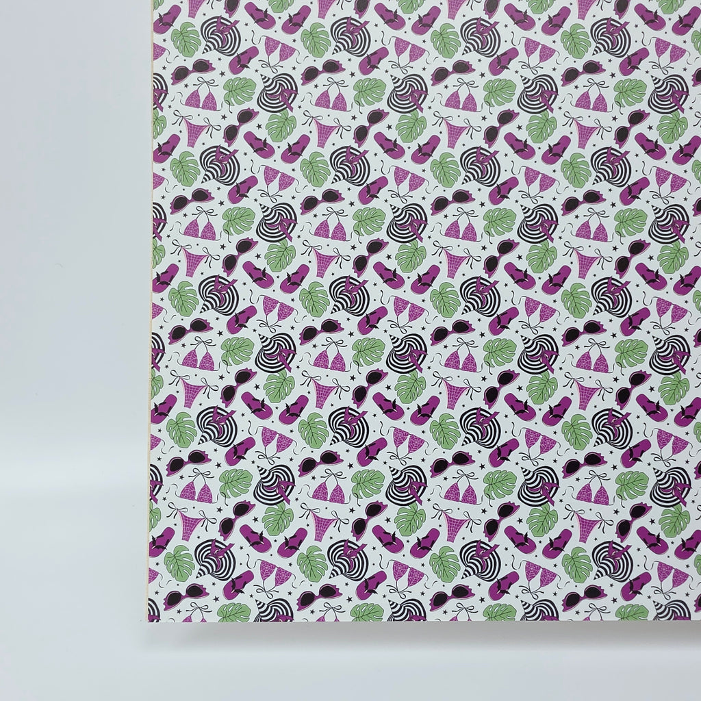 PatternPly® Full Coverage Purple BikiniWeen on White sheet showing the pattern